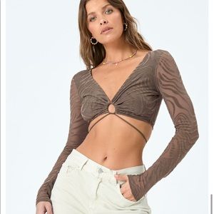 Recycled Print Keyhole Mesh Crop Long Sleeve in Brown